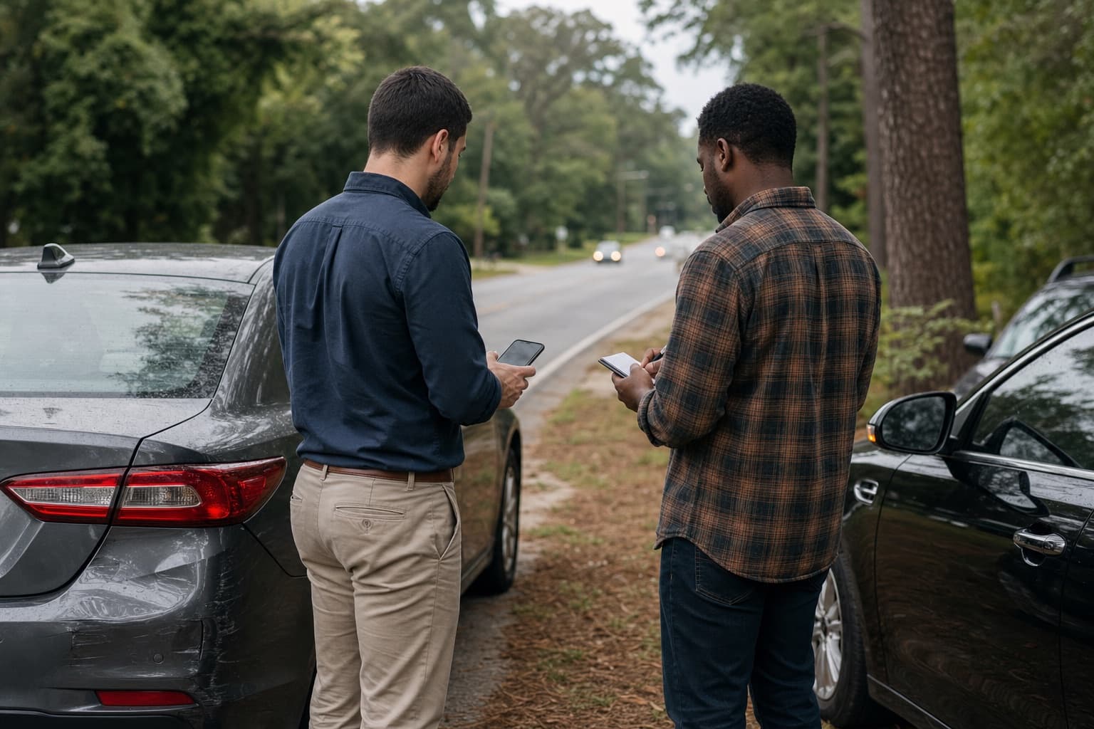 Two drivers exchanging information after a car accident in Georgia